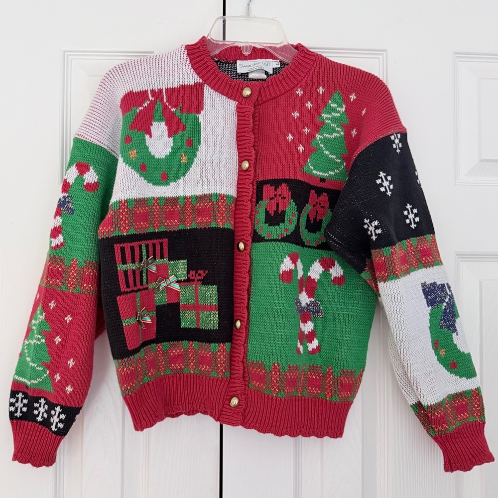 Vintage Sweater Loft Hand Knit Style Ugly Christmas Grandma Cardigan Sweater L